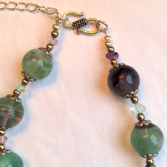 Fluorite Necklace. New, Handcrafted. Multi color genuine gemstone , silver, Box - Picture 5 of 8